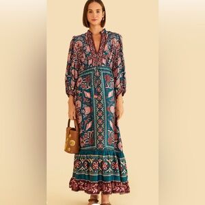 FARM Rio Teal Seashell Tapestry Viscose Maxi Dress